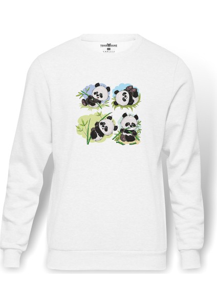 Panda Baskılı Beyaz Erkek Örme Sweatshirt Uzun Kol