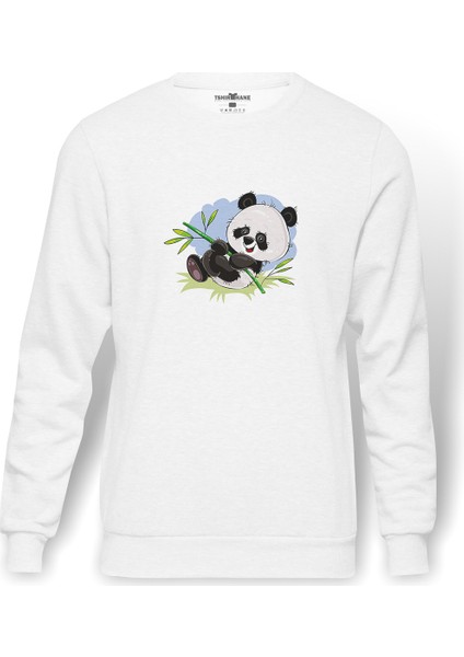Panda Baskılı Beyaz Erkek Örme Sweatshirt Uzun Kol