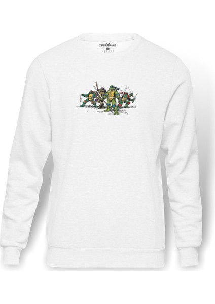 Retro Ninja Turtles Metal Rock Music Baskılı Beyaz Erkek Örme Sweatshirt Uzun Kol