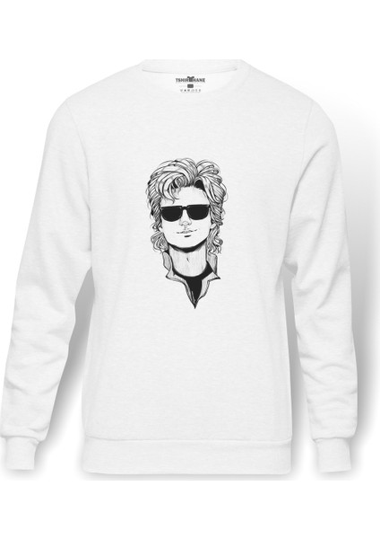 Stranger Things Steve Baskılı Beyaz Erkek Örme Sweatshirt Uzun Kol