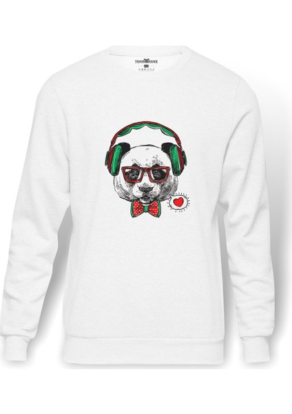 Panda Baskılı Beyaz Erkek Örme Sweatshirt Uzun Kol