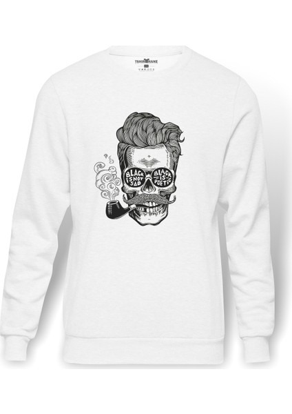 Pipolu Kurukafa Black Baskılı Beyaz Erkek Örme Sweatshirt Uzun Kol