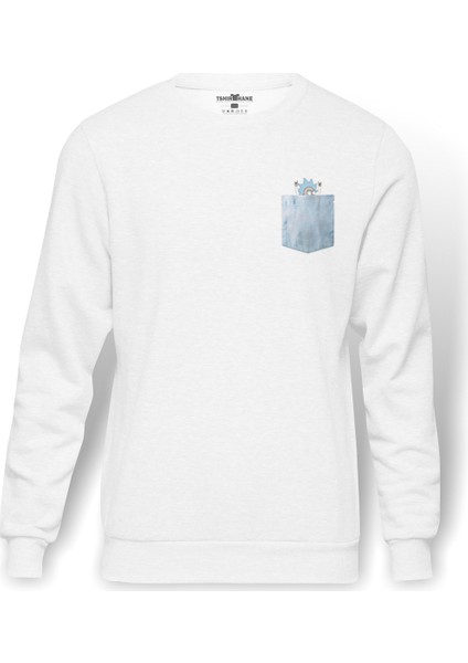 Rick Cep Baskılı Beyaz Erkek Örme Sweatshirt Uzun Kol