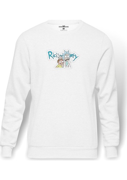 Rick Sanchez Morty Smith Rick Ve Baskılı Beyaz Erkek Örme Sweatshirt Uzun Kol
