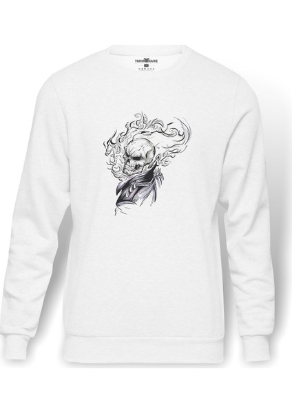 Rider Kurukafa Ghost Rider Baskılı Beyaz Erkek Örme Sweatshirt Uzun Kol