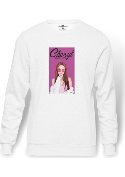 Riverdale Cheryl Blossom Baskılı Beyaz Erkek Örme Sweatshirt Uzun Kol