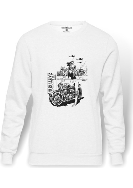 Racer Motor Motorsiklet Baskılı Beyaz Erkek Örme Sweatshirt Uzun Kol