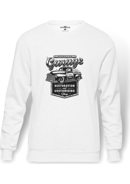 Retro Car Garage Baskılı Beyaz Erkek Örme Sweatshirt Uzun Kol