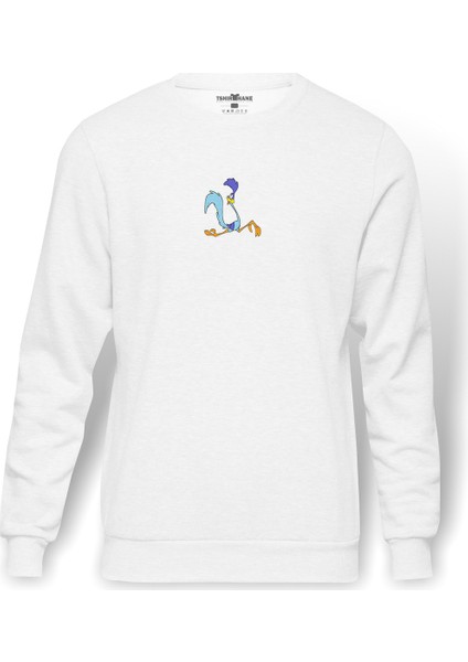 Road Runner Beep Beep Baskılı Beyaz Erkek Örme Sweatshirt Uzun Kol