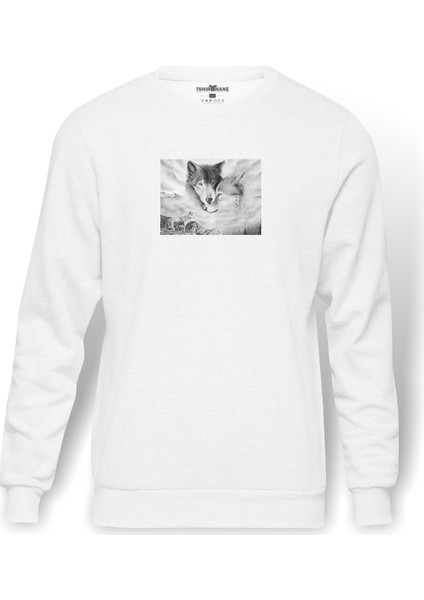 Sad Wolf Baskılı Beyaz Erkek Örme Sweatshirt Uzun Kol