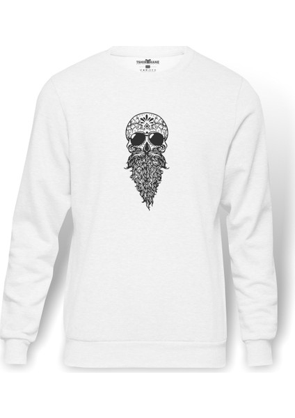 Sakallı Skull Siyah Baskılı Beyaz Erkek Örme Sweatshirt Uzun Kol