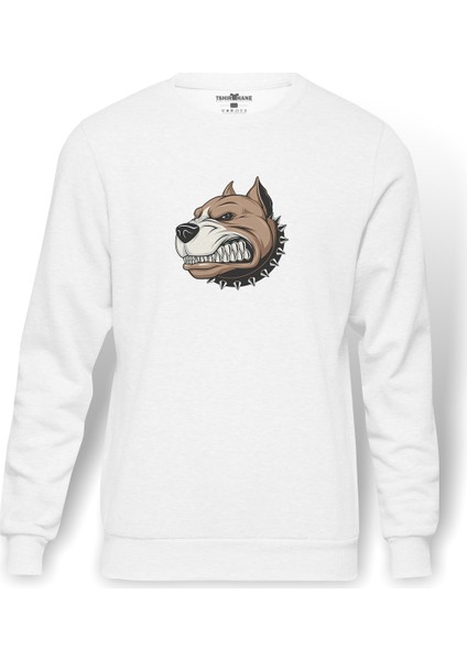 Amerikan Pit Bull Terrier Bulldog Köpek Baskılı Beyaz Erkek Örme Sweatshirt Uzun Kol