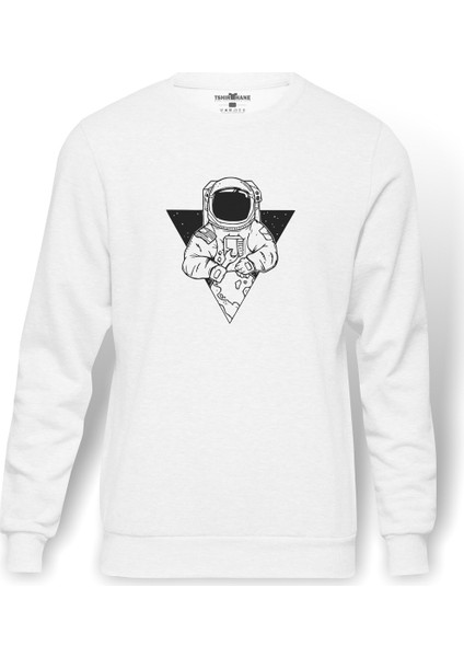 Astronot Dünyanın Çivisi Çıkmış Baskılı Beyaz Erkek Örme Sweatshirt Uzun Kol