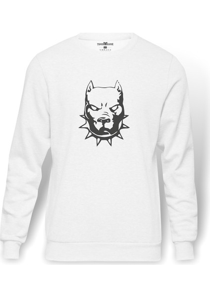 Amerikan Pit Bull Terrier Bulldog Yavrusu Baskılı Beyaz Erkek Örme Sweatshirt Uzun Kol