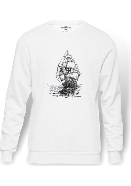 Amiral Gemisi Çizim Yelkenli Gemi Kalem Baskılı Beyaz Erkek Örme Sweatshirt Uzun Kol