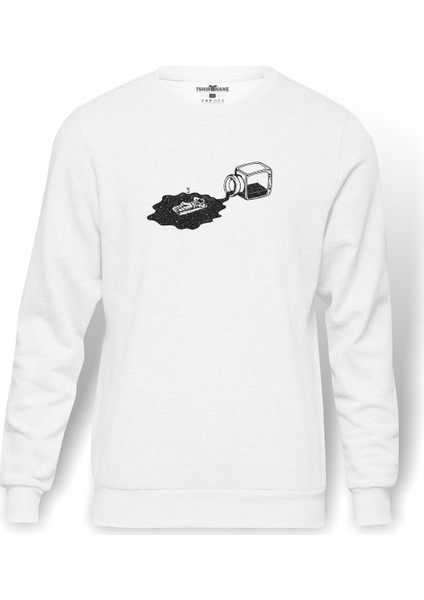 Astronot Güneşlenen Astronot Baskılı Beyaz Erkek Örme Sweatshirt Uzun Kol