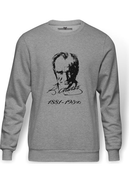 K Atatürk İmza 1881 1938 Baskılı Gri Erkek Örme Sweatshirt Uzun Kol