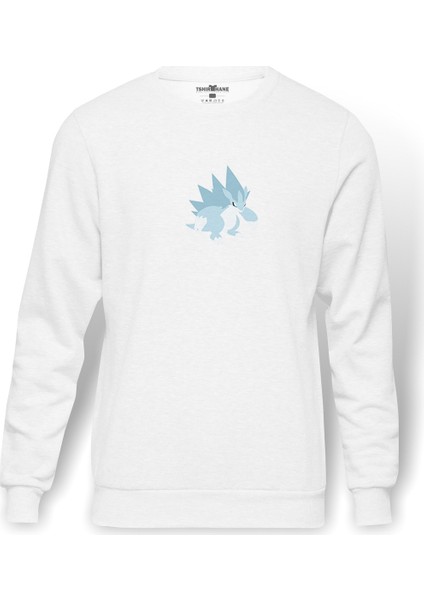 Sandslash Baskılı Beyaz Erkek Örme Sweatshirt Uzun Kol