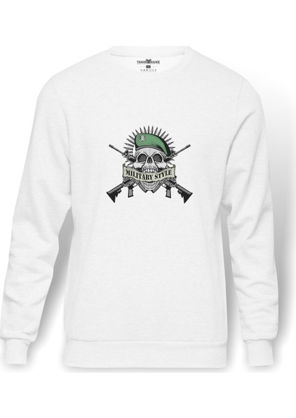 Askeri Style Baskılı Beyaz Erkek Örme Sweatshirt Uzun Kol