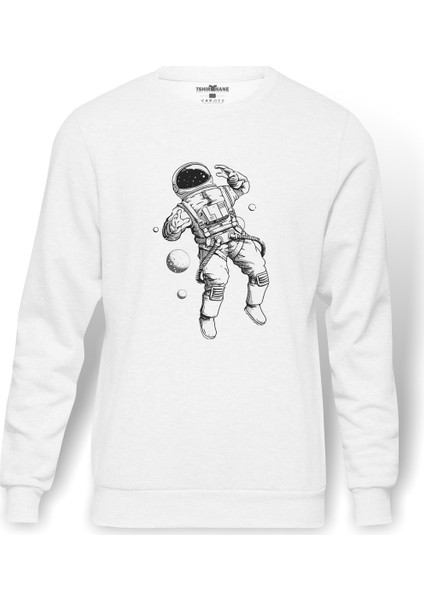 Astronot Uzay Gezintisi Baskılı Beyaz Erkek Örme Sweatshirt Uzun Kol