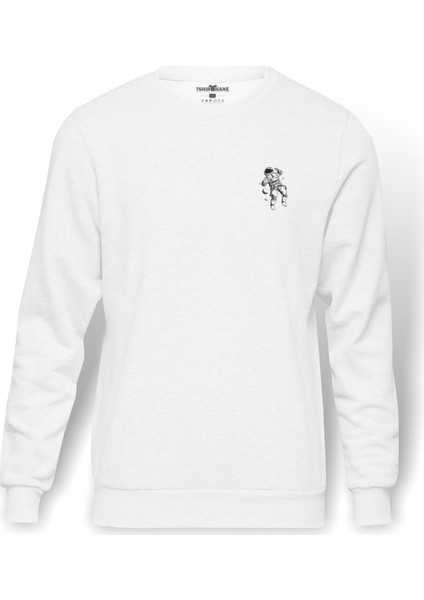 Astronot Uzay Boşluğu Göğüs Baskılı Beyaz Erkek Örme Sweatshirt Uzun Kol