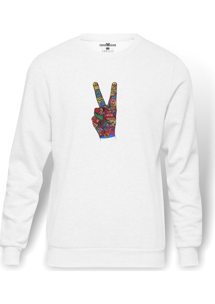 Savaş Değil Barış Işareti Seviyorum 1960'Larda Baskılı Beyaz Erkek Örme Sweatshirt Uzun Kol