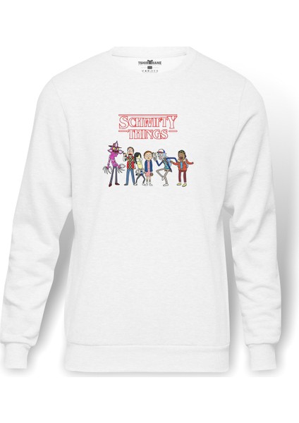 Schwifty Things On The Upside Time Baskılı Beyaz Erkek Örme Sweatshirt Uzun Kol