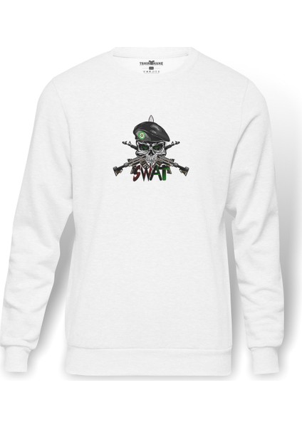 Scool Kurukafa Skereet Baskılı Beyaz Erkek Örme Sweatshirt Uzun Kol