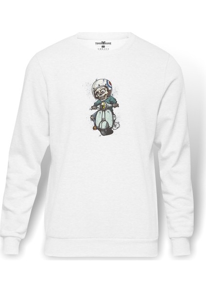 Scooter Vector Mod Vespa Illustration On Baskılı Beyaz Erkek Örme Sweatshirt Uzun Kol