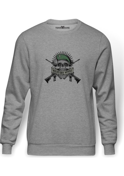 Askeri Mılıtary Style Baskılı Gri Erkek Örme Sweatshirt Uzun Kol