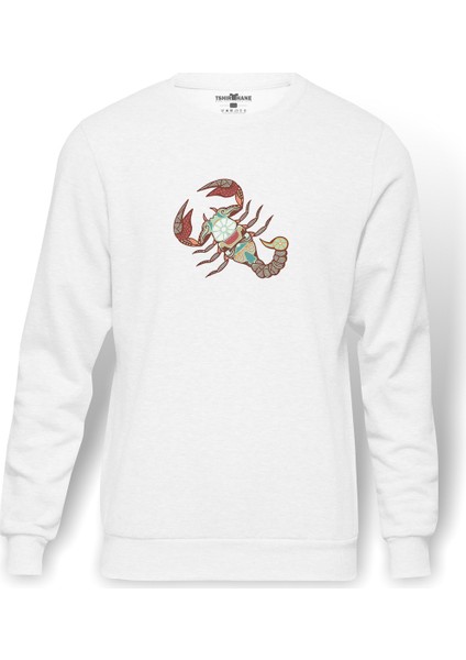 Scorpio Lose Mind Baskılı Beyaz Erkek Örme Sweatshirt Uzun Kol