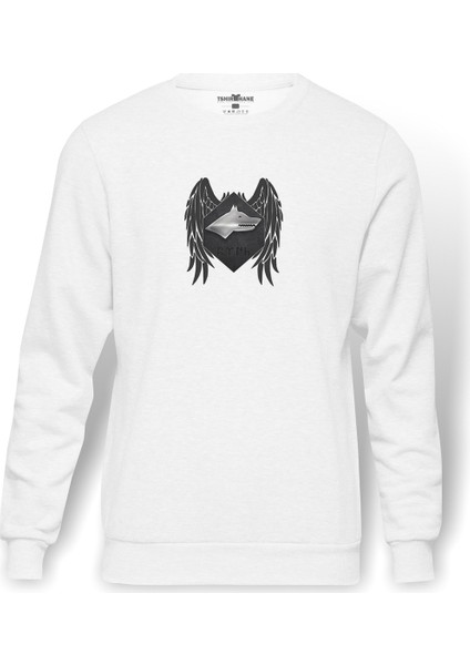 Selçuklu Gri Kartalı Göktürk Baskılı Beyaz Erkek Örme Sweatshirt Uzun Kol
