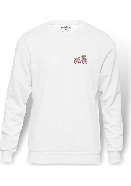 Bisiklet Gül Sepetli Pembe Bisiklet Göğüs Baskılı Beyaz Erkek Örme Sweatshirt Uzun Kol