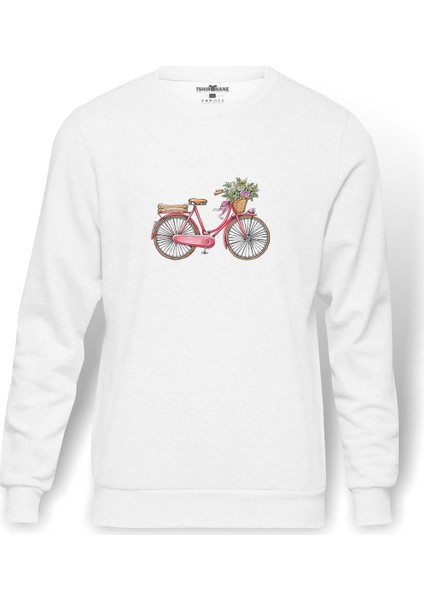 Bisiklet Gül Sepetli Pembe Bisiklet Baskılı Beyaz Erkek Örme Sweatshirt Uzun Kol