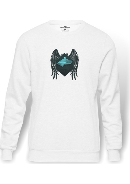 Selçuklu Mavi Kartalı Göktürk Baskılı Beyaz Erkek Örme Sweatshirt Uzun Kol