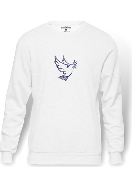 Semboller Olarak Güvercinler Kutsal Ruh Espiritu Baskılı Beyaz Erkek Örme Sweatshirt Uzun Kol