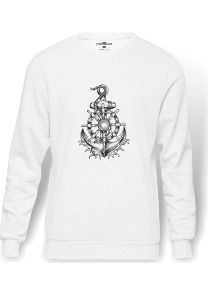 Çapa Ve Dümen Illüstrasyon Gemi Çapa Baskılı Beyaz Erkek Örme Sweatshirt Uzun Kol