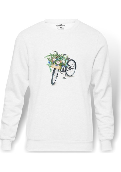 Çiçek Ile Siyah Bisiklet Bisiklet Suluboya Baskılı Beyaz Erkek Örme Sweatshirt Uzun Kol