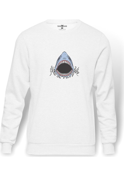 Shark Attack Baskılı Beyaz Erkek Örme Sweatshirt Uzun Kol
