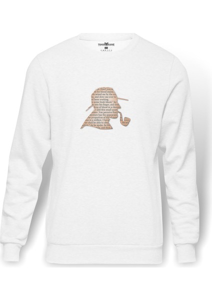 Sherlock Holmes Dedek Kurgu Özel Dedek Baskılı Beyaz Erkek Örme Sweatshirt Uzun Kol