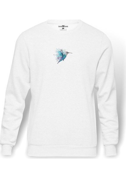 Sinek Kuşu Dövme Sanatı Boyama Suluboya Baskılı Beyaz Erkek Örme Sweatshirt Uzun Kol