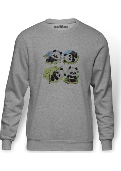 Panda Baskılı Gri Erkek Örme Sweatshirt Uzun Kol