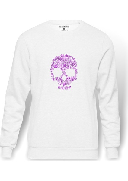 Skull Kurukafa Baskılı Beyaz Erkek Örme Sweatshirt Uzun Kol