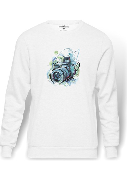 Fotoğraf Makinesi Objek Lens Camera Kamera Baskılı Beyaz Erkek Örme Sweatshirt Uzun Kol