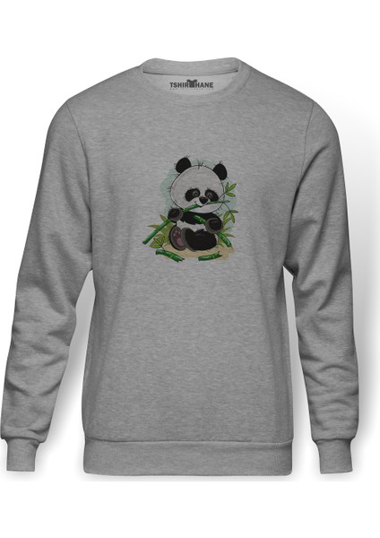 Panda Baskılı Gri Erkek Örme Sweatshirt Uzun Kol