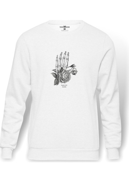 Skull Lockscreen Tumblr Rose Gül Baskılı Beyaz Erkek Örme Sweatshirt Uzun Kol