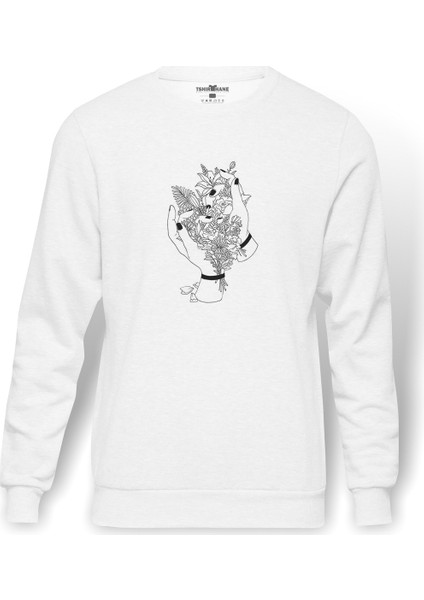 Skull Lockscreen Tumblr Rose Baskılı Beyaz Erkek Örme Sweatshirt Uzun Kol