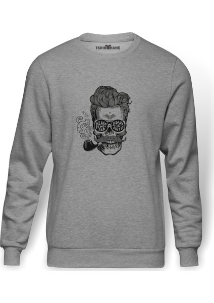 Pipolu Kurukafa Black Baskılı Gri Erkek Örme Sweatshirt Uzun Kol