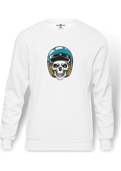 Skull With Blue Helmet Baskılı Beyaz Erkek Örme Sweatshirt Uzun Kol