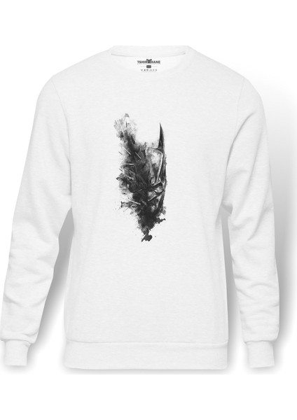 Skull Baskılı Beyaz Erkek Örme Sweatshirt Uzun Kol